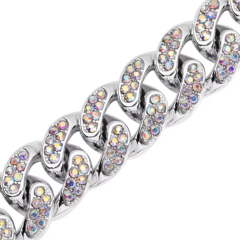 White Aurora Borealis Austrian Crystal Curb Link Chain Bracelet in Silvertone